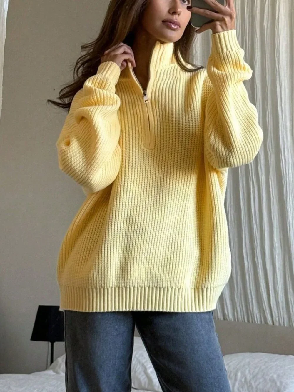 Yellow Women's Casual Stand Collar Pullover Long Sleeve Sweater